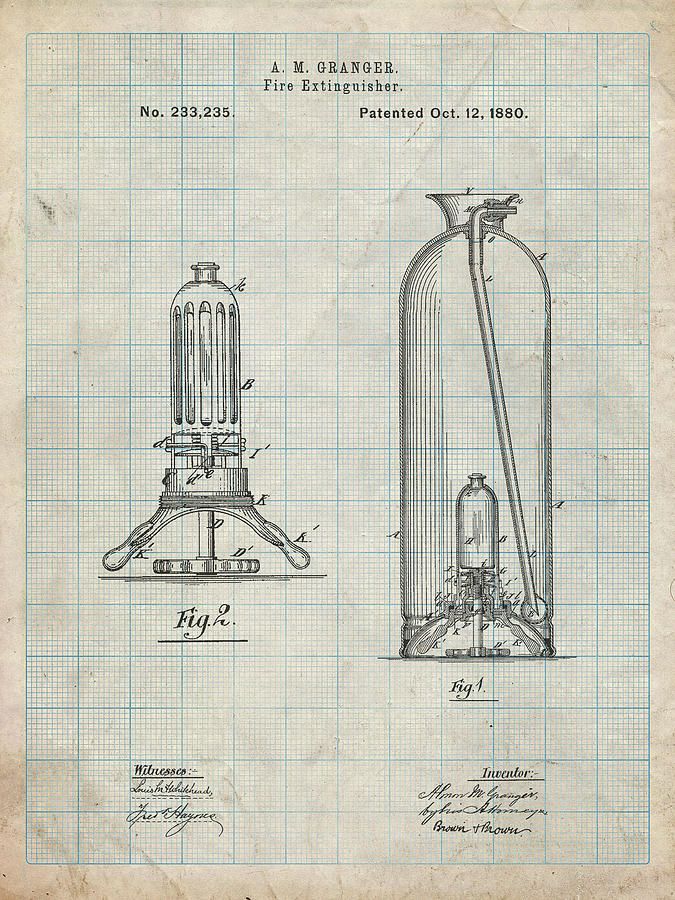 Objects Digital Art - Pp461-antique Grid Parchment Antique Fire Extinguisher 1880 Patent Poster by Cole Borders