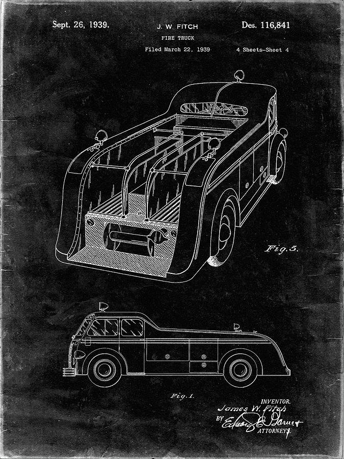 Transportation Digital Art - Pp462-black Grunge Firetruck 1939 Two Image Patent Poster by Cole Borders
