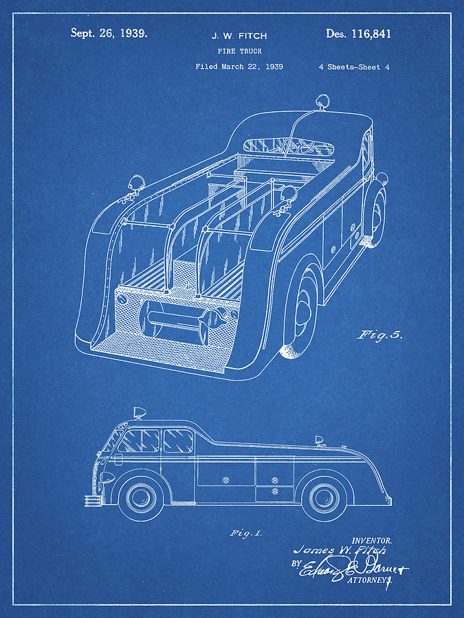 Transportation Digital Art - Pp462-blueprint Firetruck 1939 Two Image Patent Poster by Cole Borders