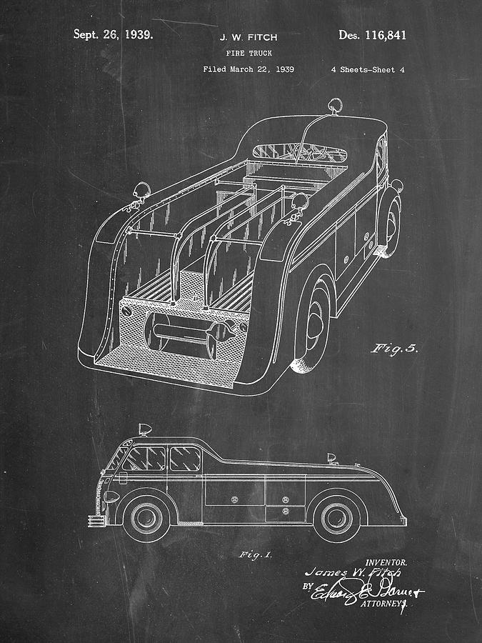 Transportation Digital Art - Pp462-chalkboard Firetruck 1939 Two Image Patent Poster by Cole Borders