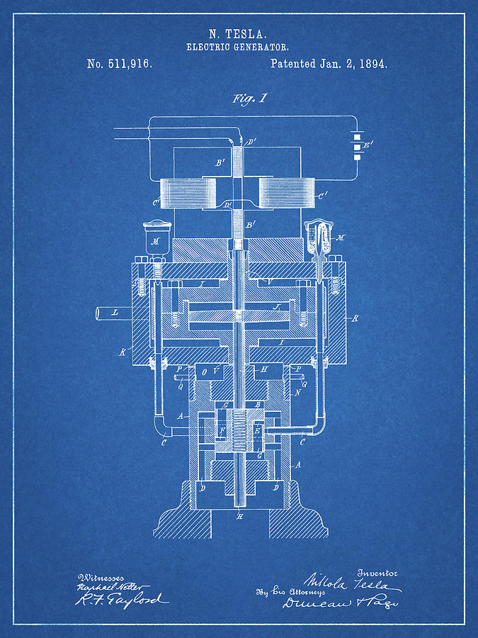 Objects Digital Art - Pp463-blueprint Tesla Electric Generator Poster by Cole Borders