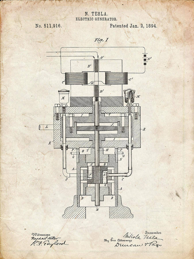 Objects Digital Art - Pp463-vintage Parchment Tesla Electric Generator Poster by Cole Borders