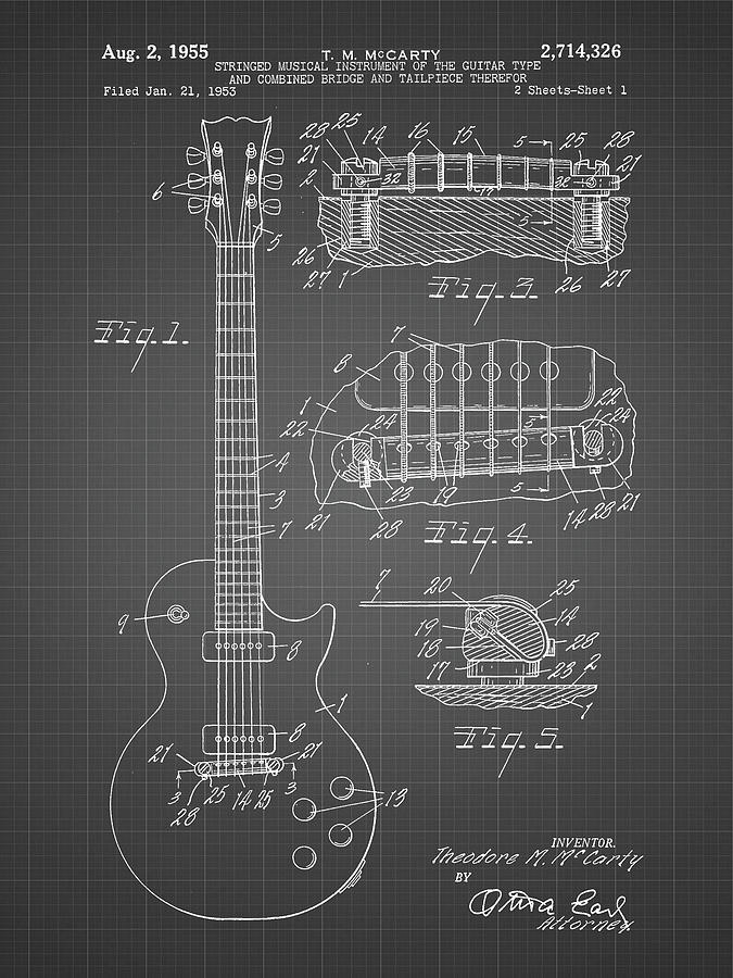 Music Digital Art - Pp47-black Grid Gibson Les Paul Guitar Patent Poster by Cole Borders