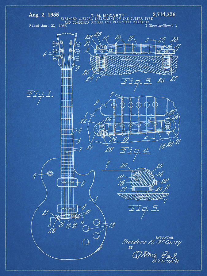 Music Digital Art - Pp47-blueprint Gibson Les Paul Guitar Patent Poster by Cole Borders