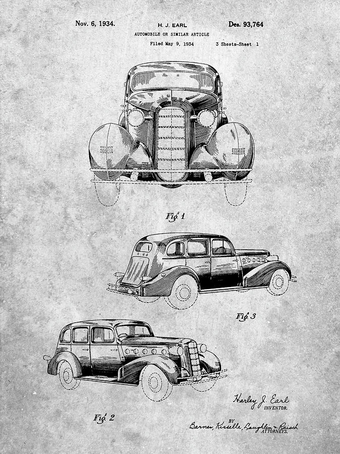 Car Digital Art - Pp471-slate 1934 Buick Automobile Patent Poster by Cole Borders