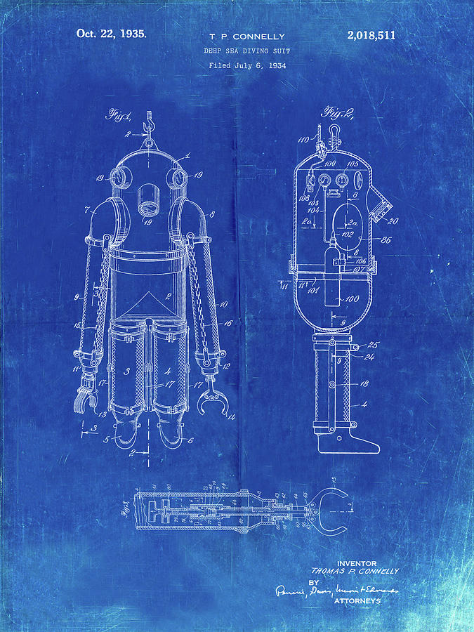 Sports Digital Art - Pp479-faded Blueprint Deep Sea Diving Suit Patent Poster by Cole Borders