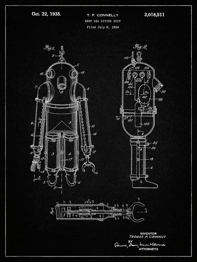 Sports Digital Art - Pp479-vintage Black Deep Sea Diving Suit Patent Poster by Cole Borders
