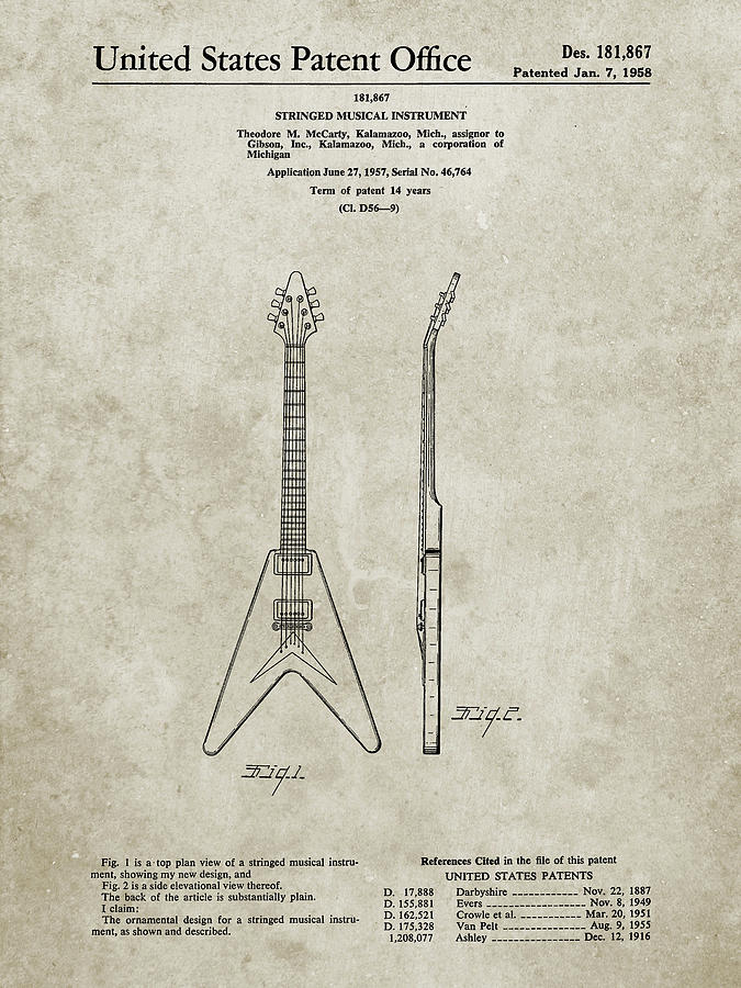Music Digital Art - Pp48-sandstone Gibson Flying V Guitar Poster by Cole Borders