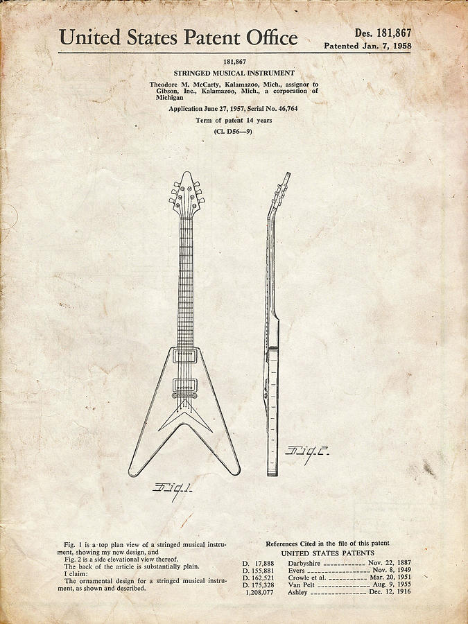 Music Digital Art - Pp48-vintage Parchment Gibson Flying V Guitar Poster by Cole Borders