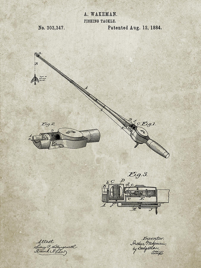Sports Digital Art - Pp490-sandstone Fishing Rod And Reel 1884 Patent Poster by Cole Borders