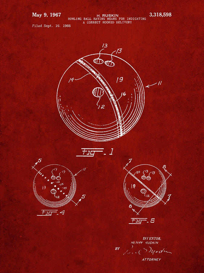 Sports Digital Art - Pp493-burgundy Bowling Ball 1967 Patent Poster by Cole Borders