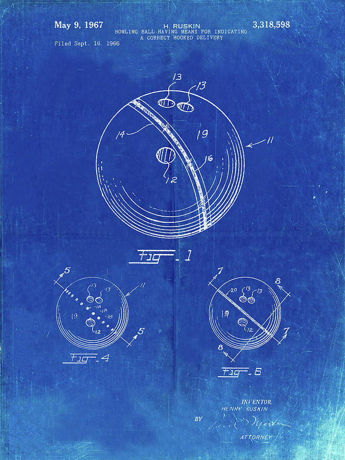 Sports Digital Art - Pp493-faded Blueprint Bowling Ball 1967 Patent Poster by Cole Borders