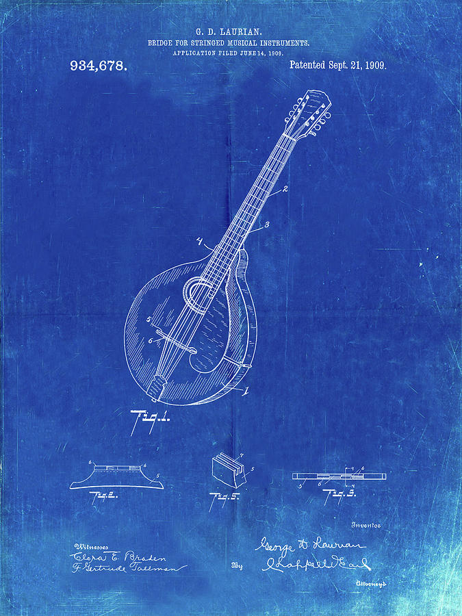 Music Digital Art - Pp499-faded Blueprint Gibson Mandolin Bridge Patent Poster by Cole Borders
