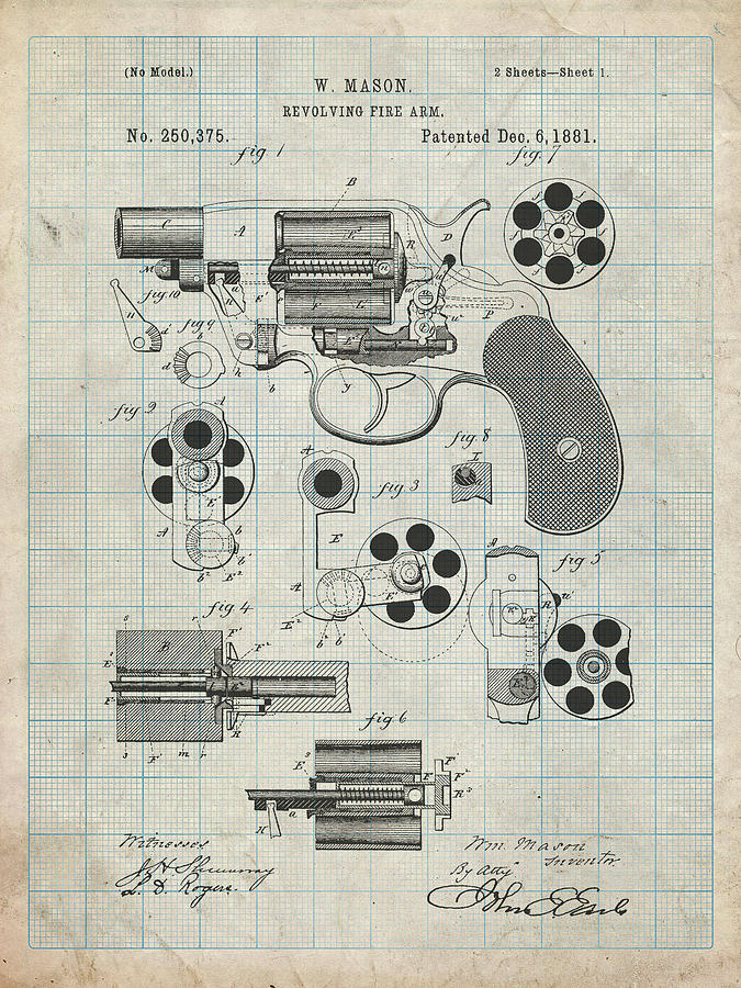 Design Digital Art - Pp5-antique Grid Parchment Colt M1889 Revolver Poster by Cole Borders