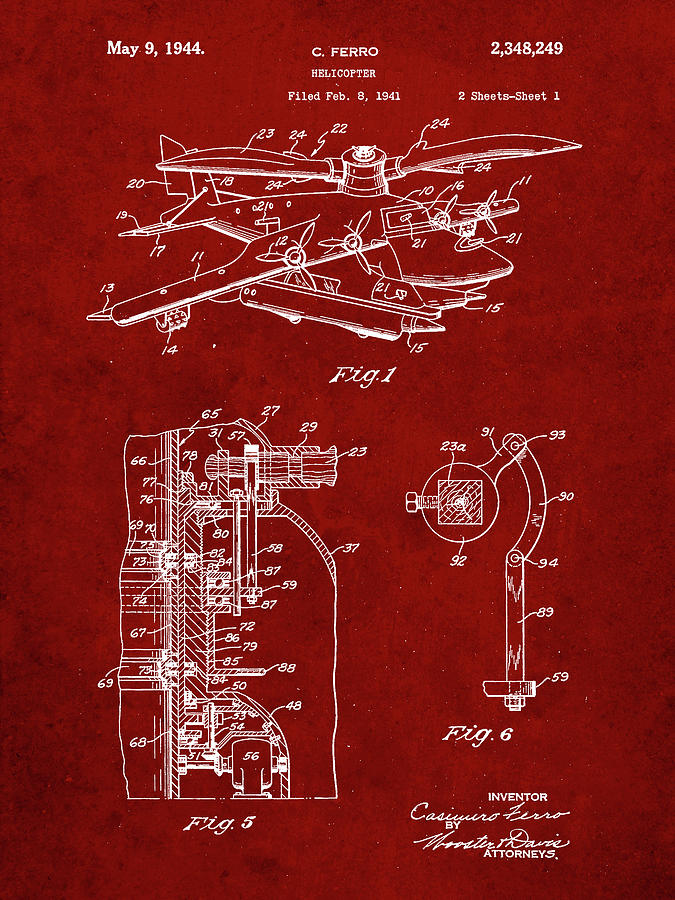 Transportation Digital Art - Pp500-burgundy Early Helicopter Patent Poster by Cole Borders