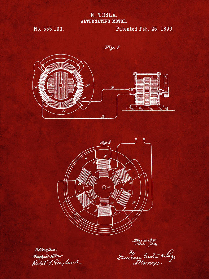 Patent Photograph - Pp505-burgundy Tesla Alternating Motor Patent Poster by Cole Borders