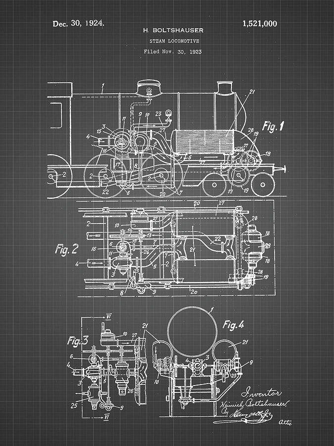 Transportation Digital Art - Pp516-black Grid Steam Train Locomotive Patent Poster by Cole Borders