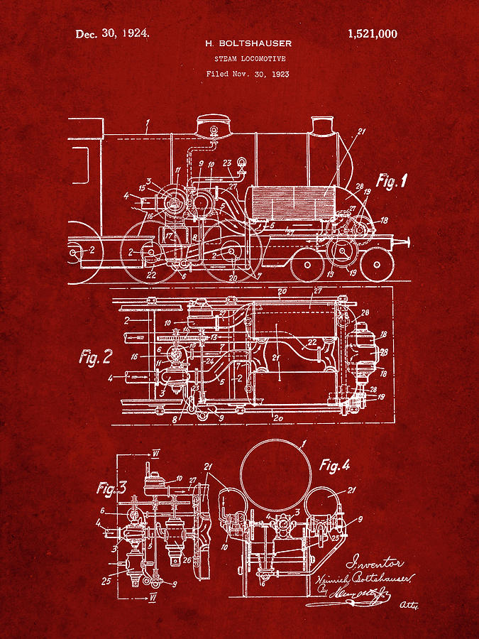 Transportation Digital Art - Pp516-burgundy Steam Train Locomotive Patent Poster by Cole Borders