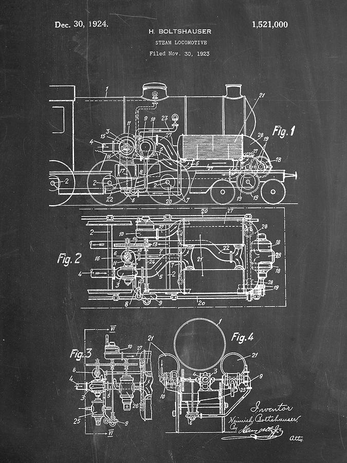 Transportation Digital Art - Pp516-chalkboard Steam Train Locomotive Patent Poster by Cole Borders