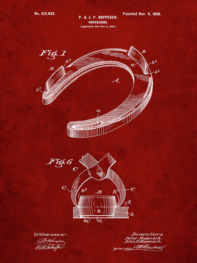 Objects Digital Art - Pp523-burgundy Horseshoe Patent Poster by Cole Borders