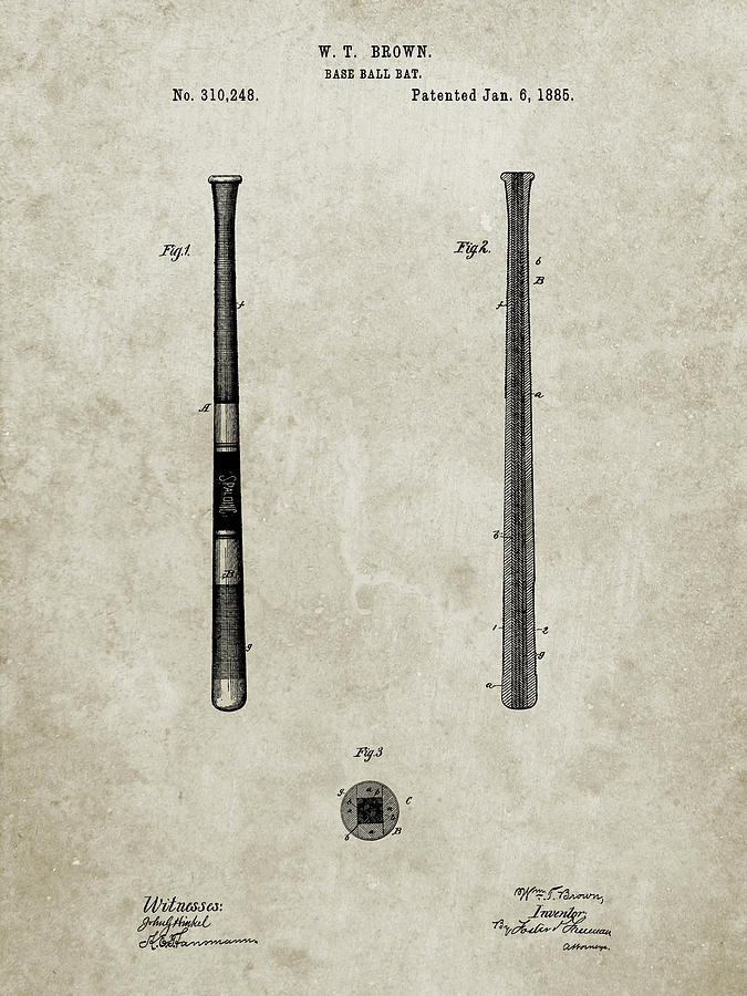 Sports Digital Art - Pp539-sandstone Antique Baseball Bat 1885 Patent Poster by Cole Borders