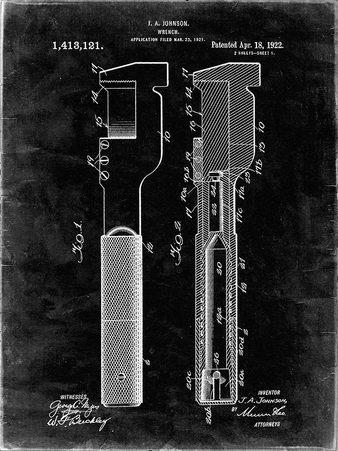 Pp594black Grunge Adjustable Wrench 1922 Patent Poster Digital Art by