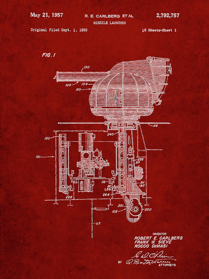 Objects Digital Art - Pp597-burgundy Missile Launcher Cold War Patent Poster by Cole Borders