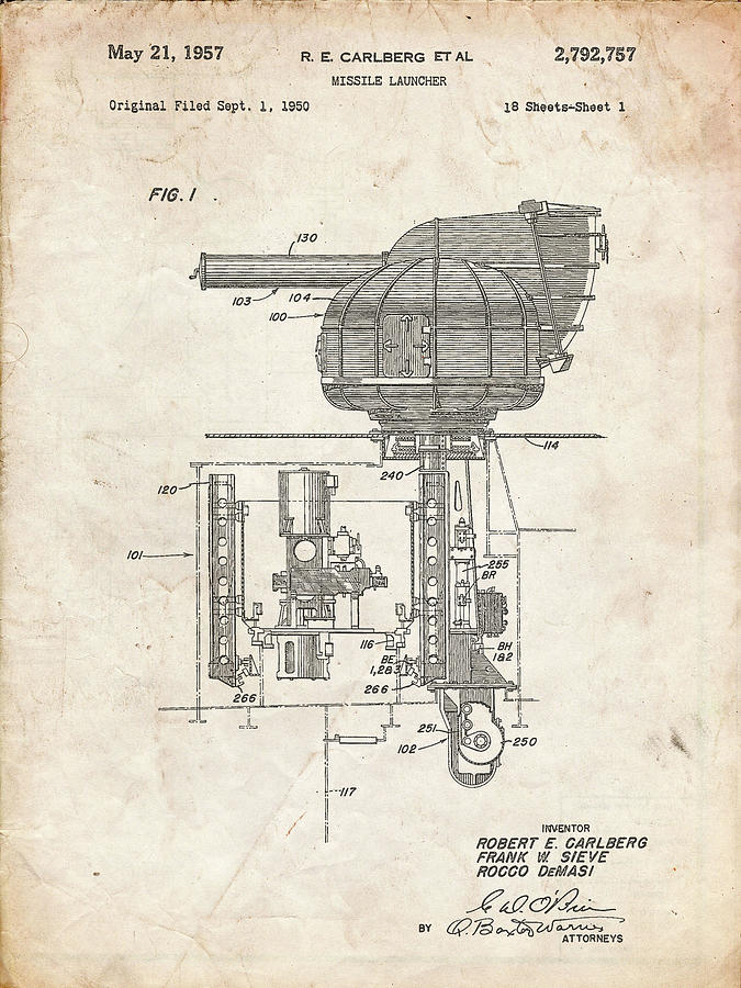 Objects Digital Art - Pp597-vintage Parchment Missile Launcher Cold War Patent Poster by Cole Borders
