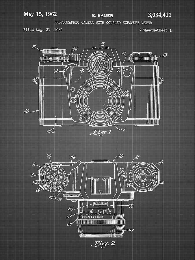 Camera Photograph - Pp6-black Grid Zeiss Ikon Contarex Camera Patent Poster by Cole Borders