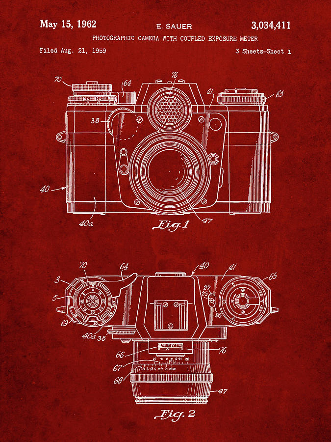 Camera Photograph - Pp6-burgundy Zeiss Ikon Contarex Camera Patent Poster by Cole Borders