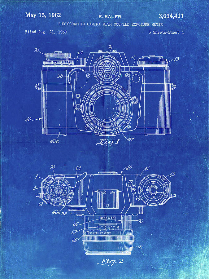 Camera Photograph - Pp6-faded Blueprint Zeiss Ikon Contarex Camera Patent Poster by Cole Borders