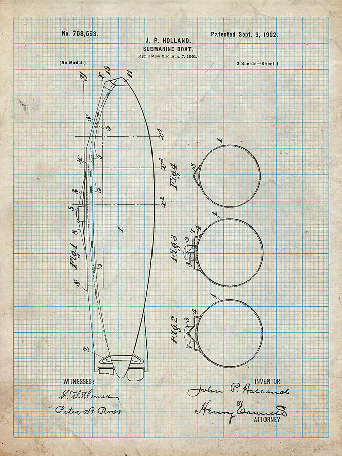 Transportation Digital Art - Pp602-antique Grid Parchment Holland 1 Submarine Patent Poster by Cole Borders
