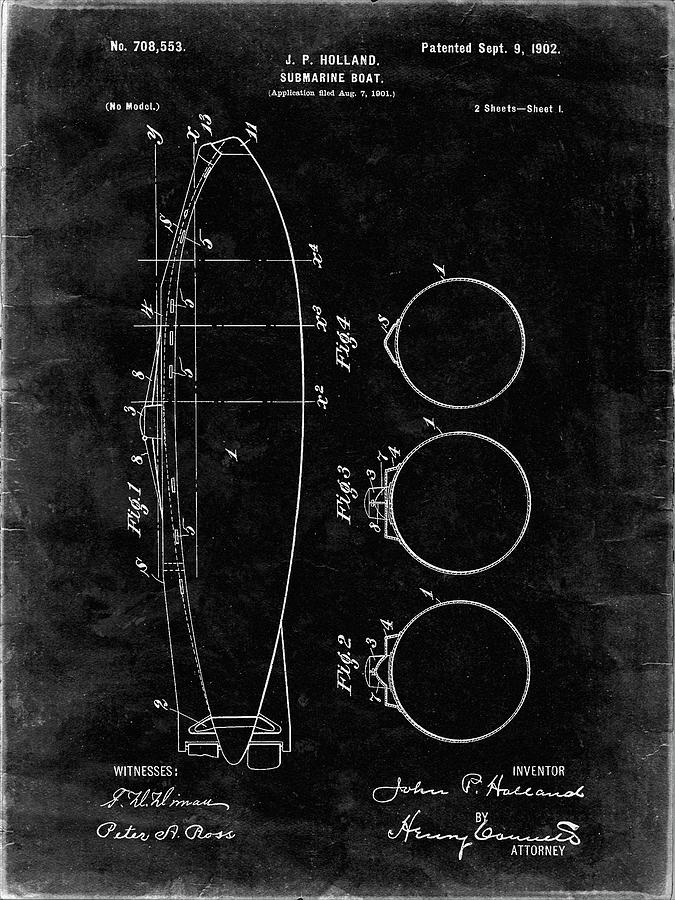 Transportation Digital Art - Pp602-black Grunge Holland 1 Submarine Patent Poster by Cole Borders