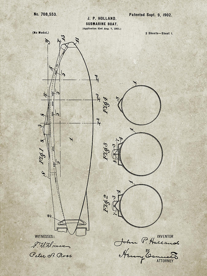 Transportation Digital Art - Pp602-sandstone Holland 1 Submarine Patent Poster by Cole Borders