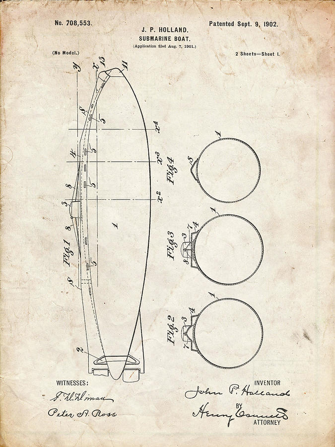 Transportation Digital Art - Pp602-vintage Parchment Holland 1 Submarine Patent Poster by Cole Borders