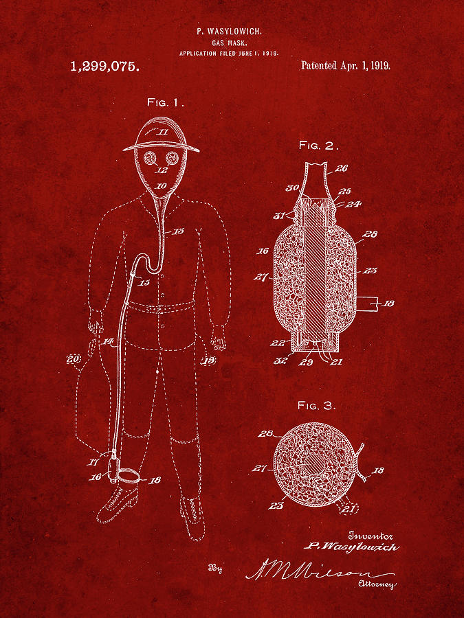Objects Digital Art - Pp607-burgundy Gas Mask 1918 Patent Poster by Cole Borders