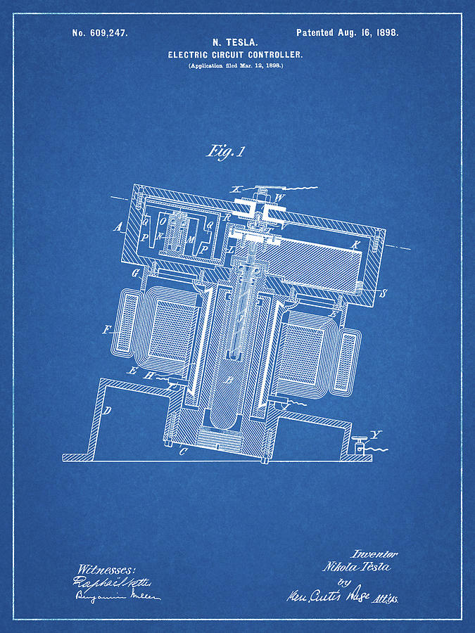 Objects Digital Art - Pp608-blueprint Tesla Electric Circuit Controller Poster by Cole Borders