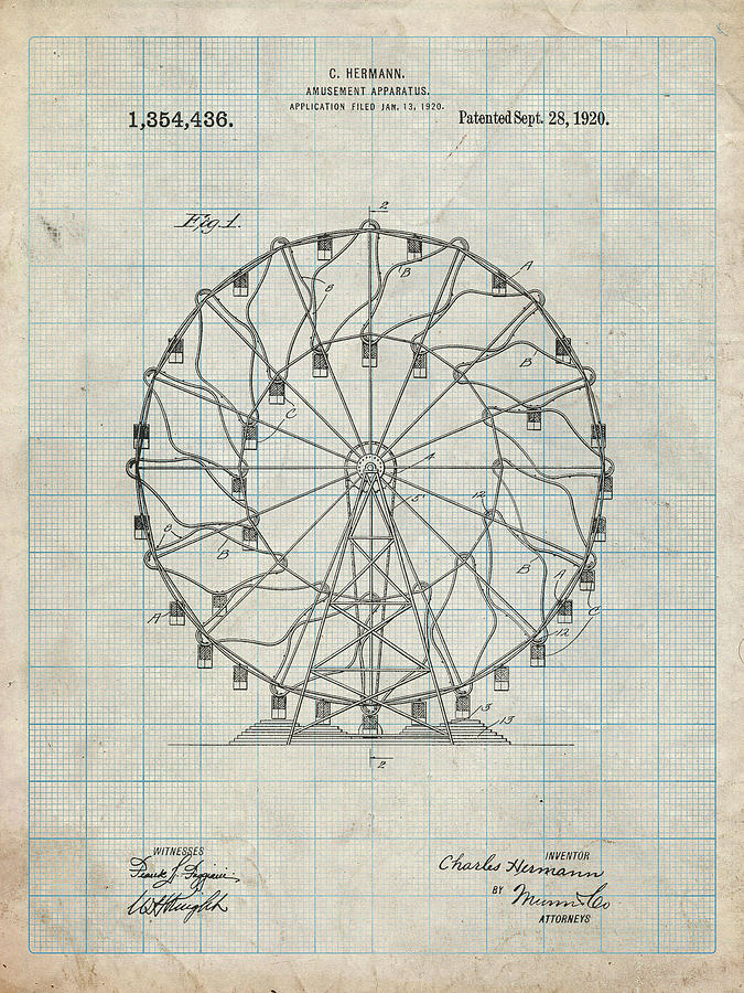 Ferris Wheel Digital Art - Pp615-antique Grid Parchment Ferris Wheel 1920 Patent Poster by Cole Borders