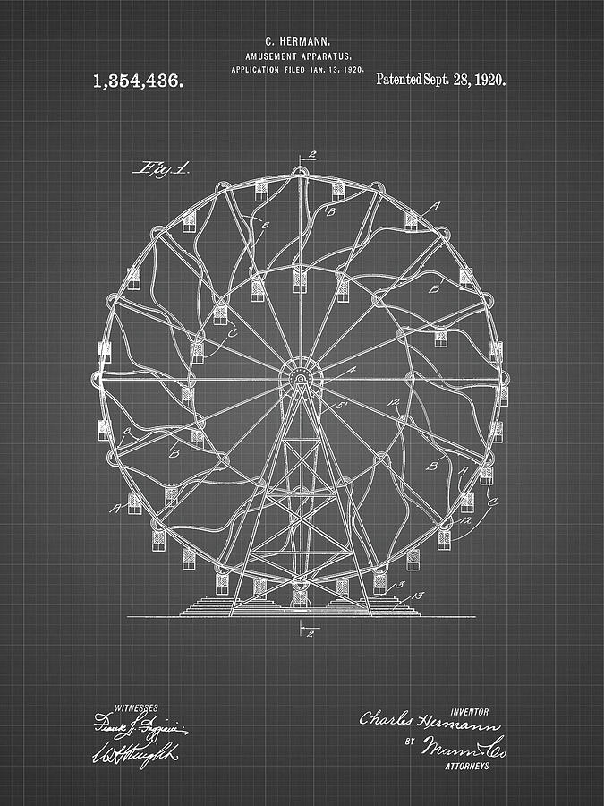 Ferris Wheel Digital Art - Pp615-black Grid Ferris Wheel 1920 Patent Poster by Cole Borders