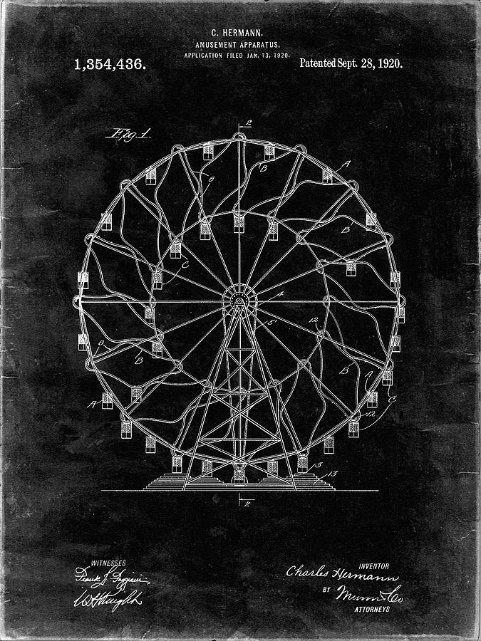 Ferris Wheel Digital Art - Pp615-black Grunge Ferris Wheel 1920 Patent Poster by Cole Borders