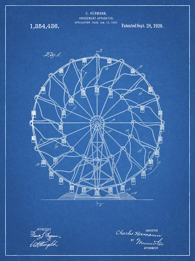 Ferris Wheel Digital Art - Pp615-blueprint Ferris Wheel 1920 Patent Poster by Cole Borders