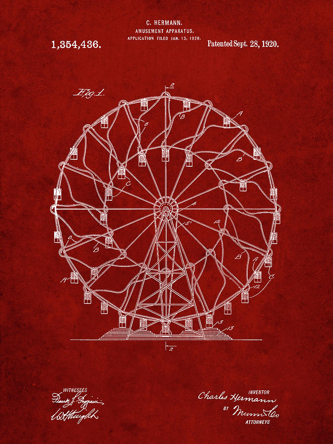 Ferris Wheel Digital Art - Pp615-burgundy Ferris Wheel 1920 Patent Poster by Cole Borders