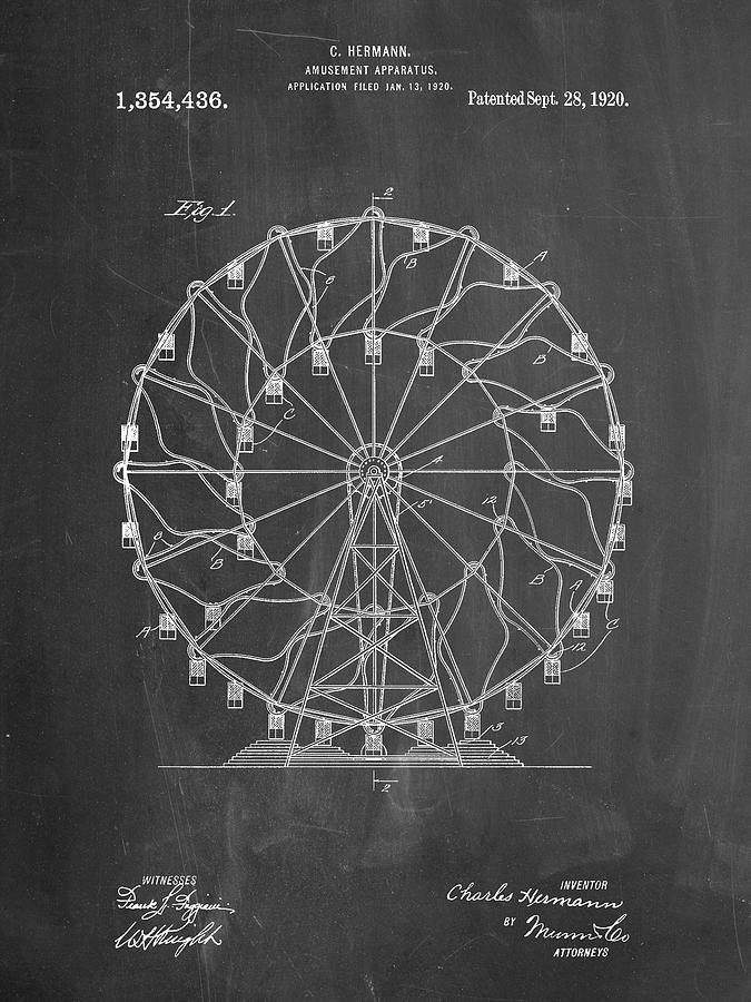 Ferris Wheel Digital Art - Pp615-chalkboard Ferris Wheel 1920 Patent Poster by Cole Borders