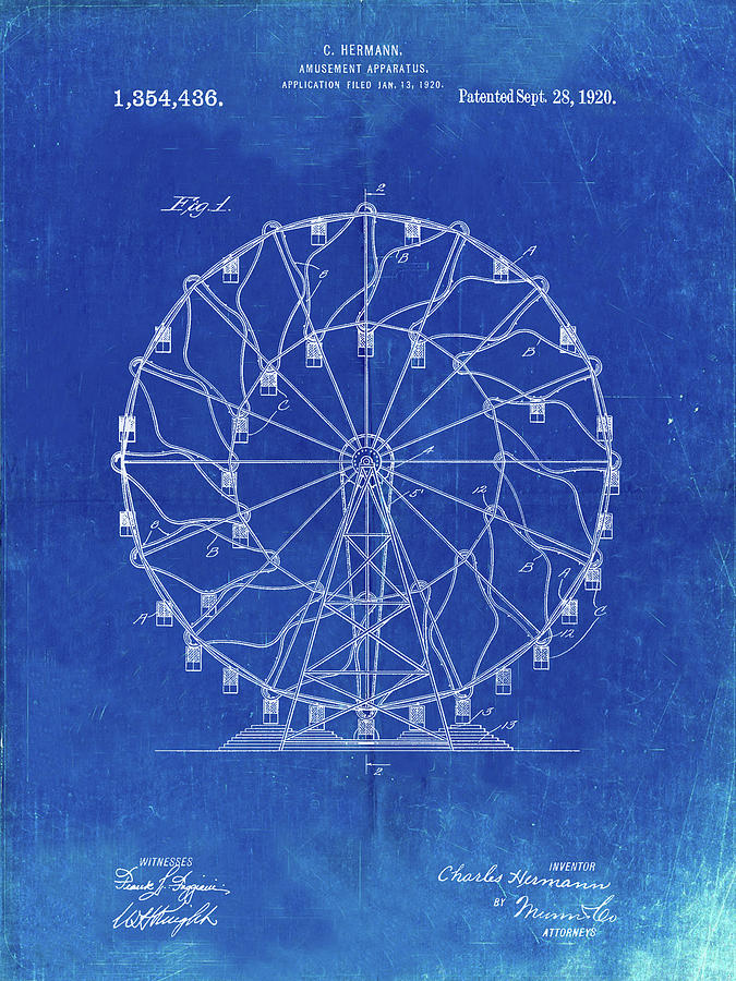 Ferris Wheel Digital Art - Pp615-faded Blueprint Ferris Wheel 1920 Patent Poster by Cole Borders