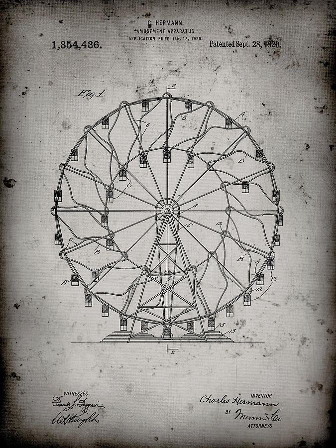 Ferris Wheel Digital Art - Pp615-faded Grey Ferris Wheel 1920 Patent Poster by Cole Borders