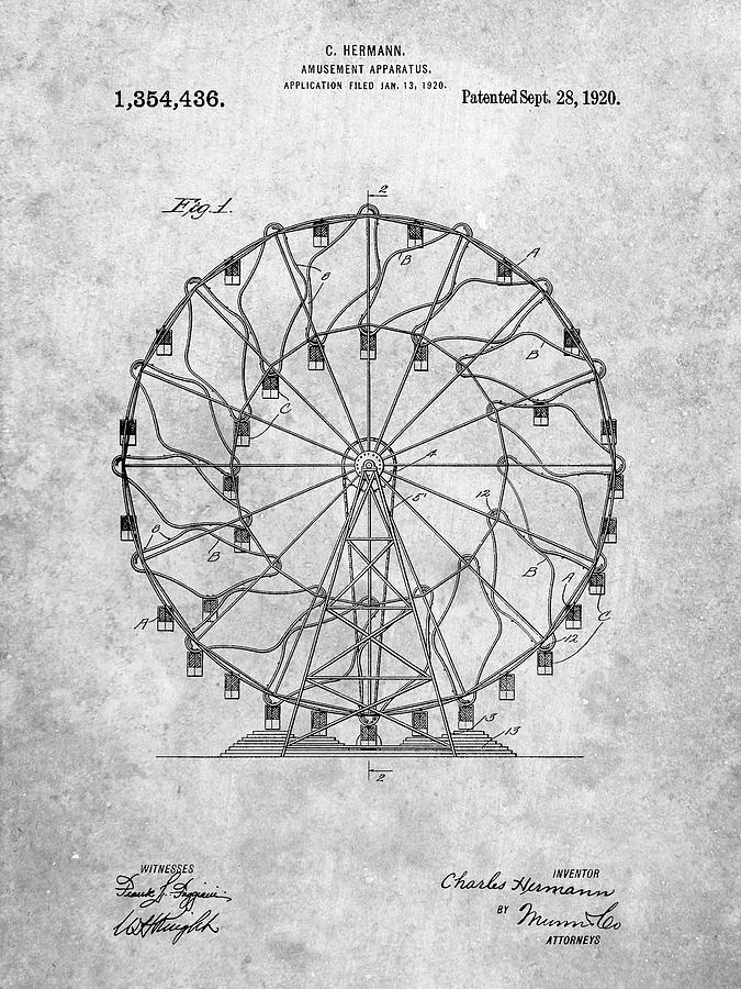 Ferris Wheel Digital Art - Pp615-slate Ferris Wheel 1920 Patent Poster by Cole Borders