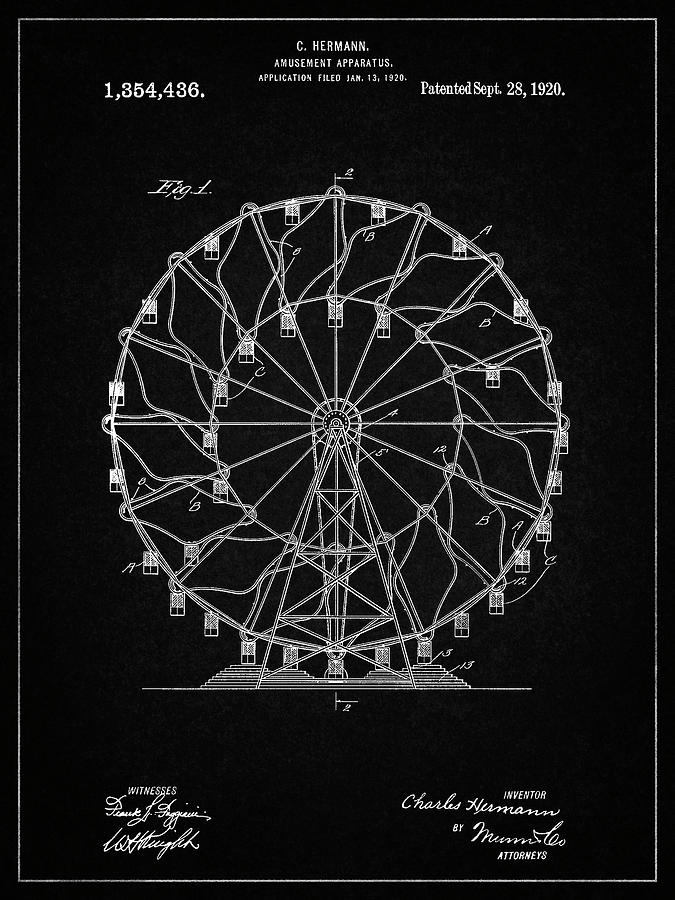 Ferris Wheel Digital Art - Pp615-vintage Black Ferris Wheel 1920 Patent Poster by Cole Borders