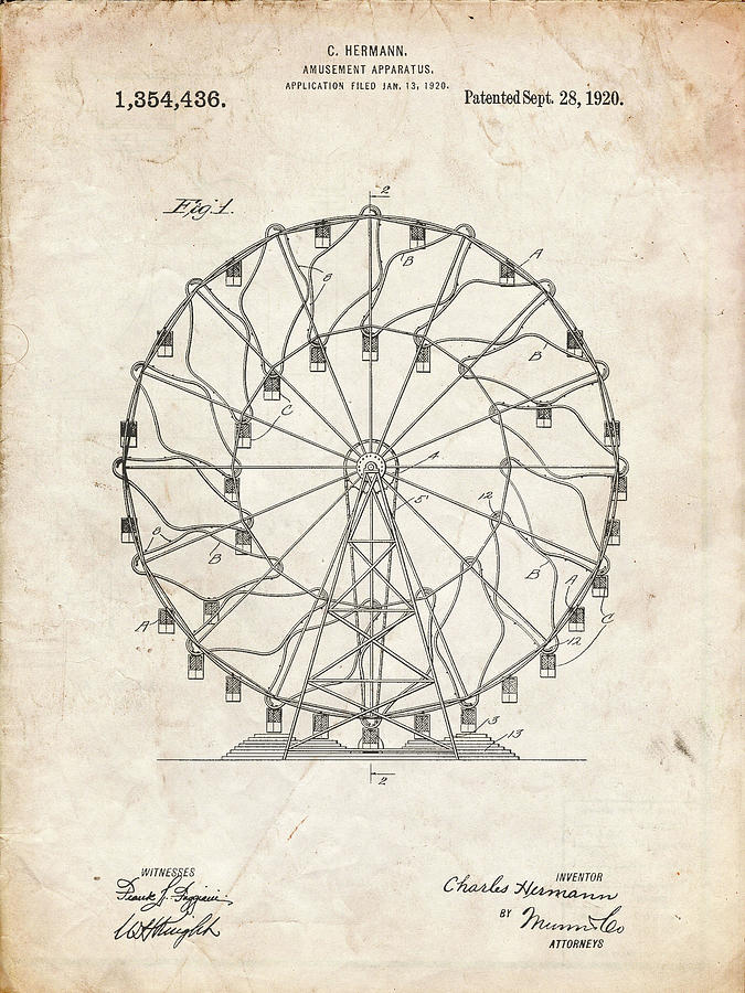Ferris Wheel Digital Art - Pp615-vintage Parchment Ferris Wheel 1920 Patent Poster by Cole Borders