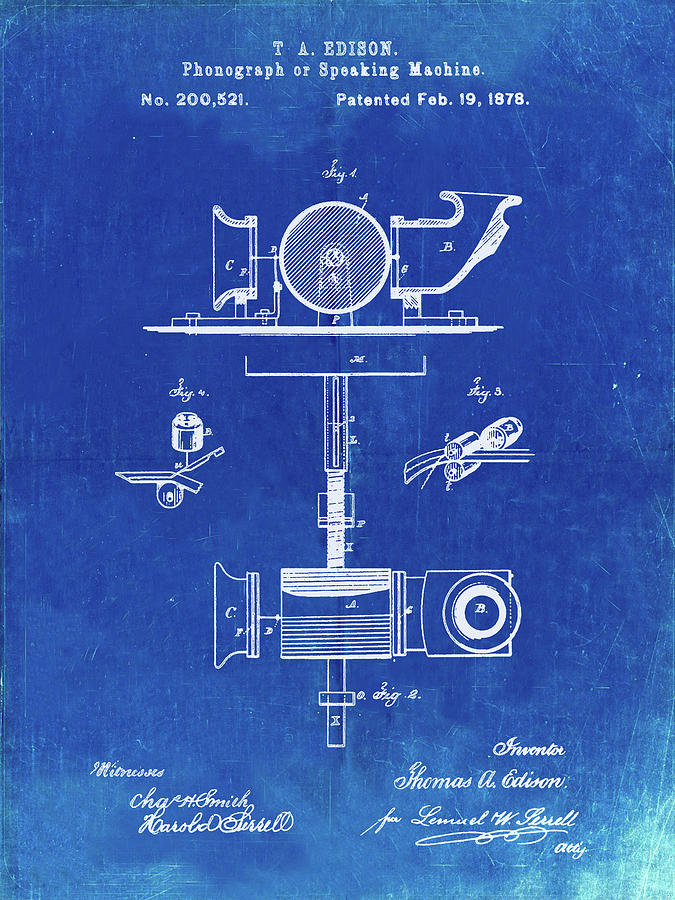 Pp Faded Blueprint T A Edison Phonograph Patent Poster Digital Art By Cole Borders Pixels