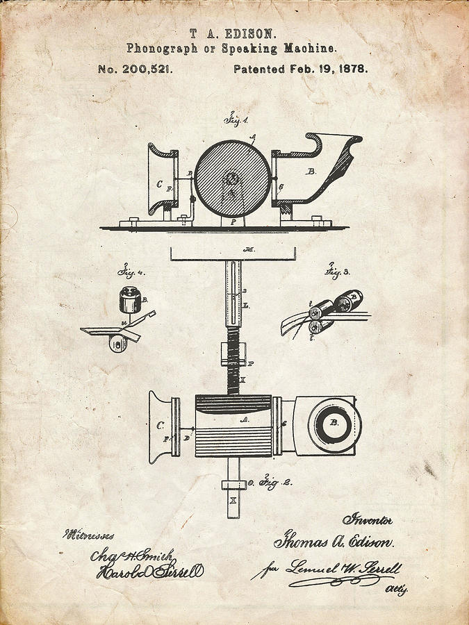 Pp622-vintage Parchment T. A. Edison Phonograph Patent Poster Digital ...